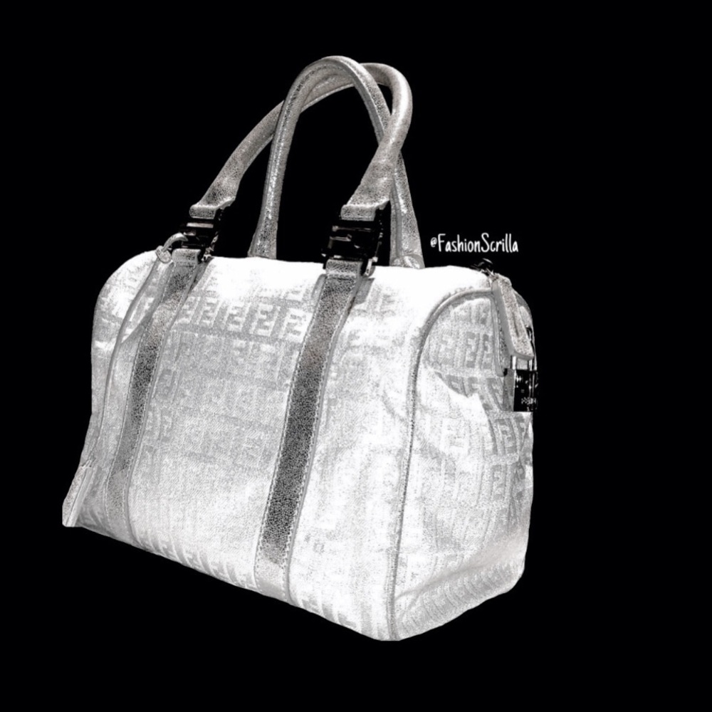 FENDI Vintage Metallic Silver - White Monogram Canvas Forever Bauletto Handbag - Picture 13 of 13